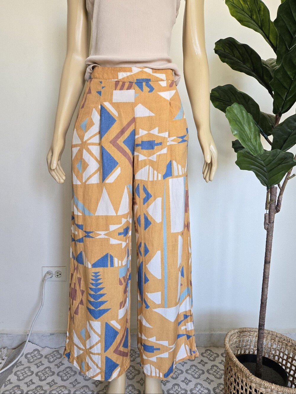Anthropologie x Ranna Gill Printed Wide-Leg Pants Mustard Blue Boho Size M
